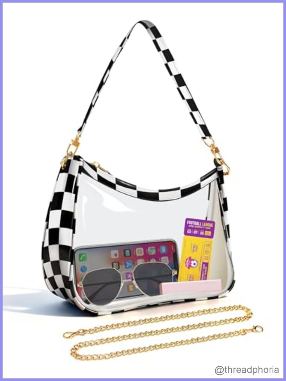 Clear PVC Stadium Approved Shoulder Purse with Gold Chain Crossbody Strap, Dual